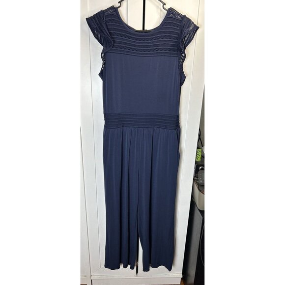 Michael Kors Women’s Mesh Cropped Flutter Sleeve Navy Jumpsuit‎ Size Medium - Picture 1 of 11